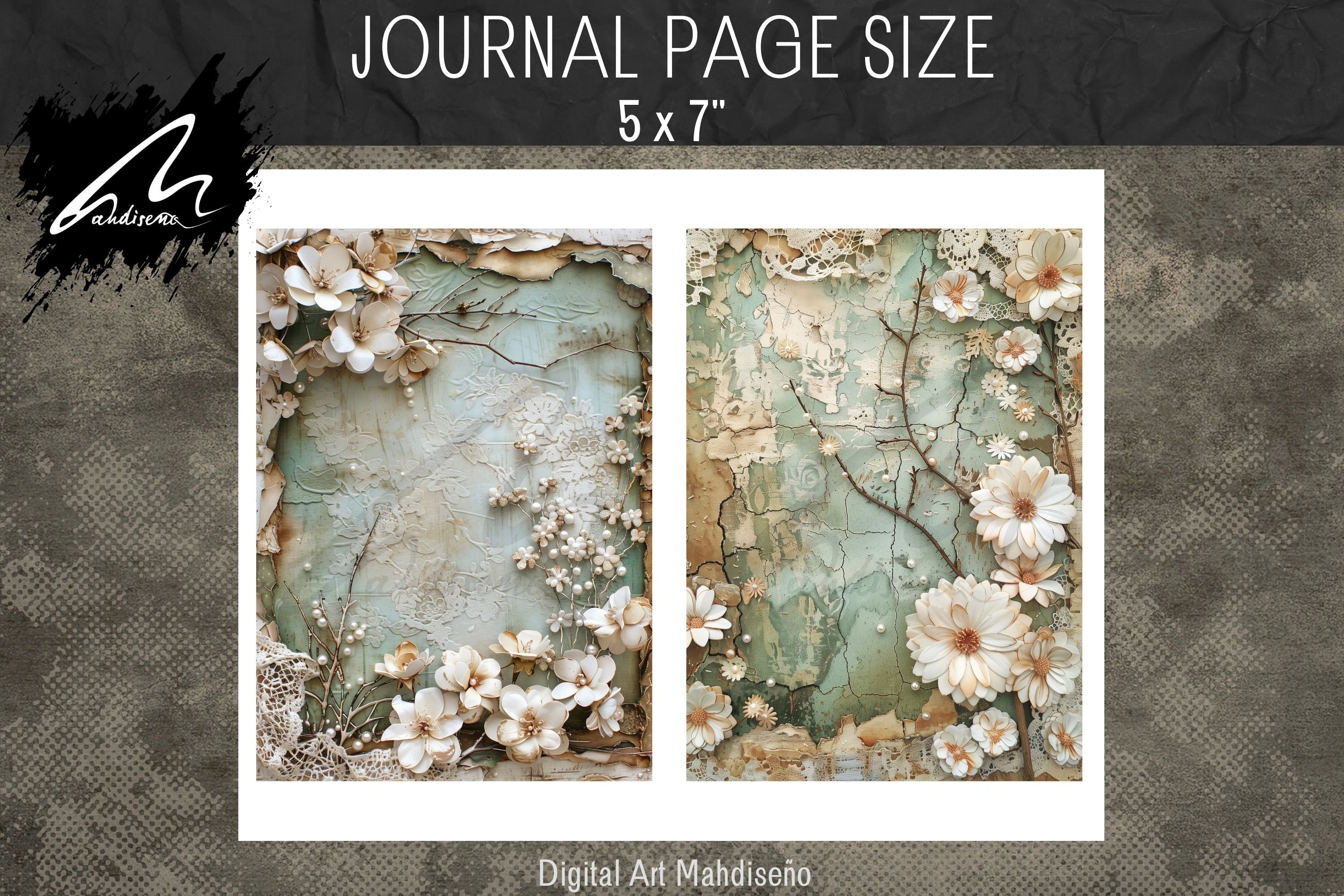 Page de carnet floral shabby chic, kits de papier rustique, collage
