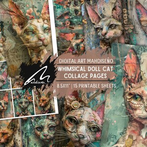 Whisker Blooms: fogli di collage di gatti surreali - Junk Journal Ephemera Mixed Media Digital Art Kit di artigianato stampabile per scrapbooking e diario