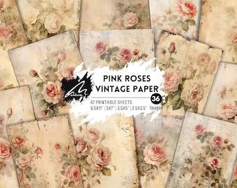 Papeles chatarra de rosas románticas, diario basura, acuarela desgastada, páginas rosas, vintage en mal estado, artesanía de respaldo, imprimible, descarga digital