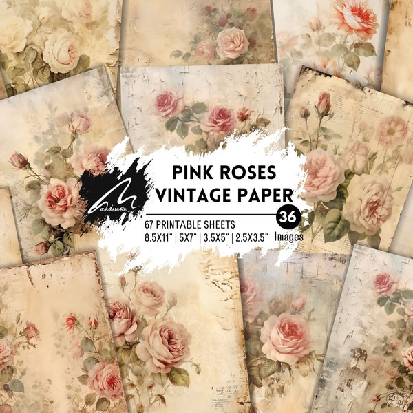 Papiers décoiffés roses romantiques, journal indésirable, aquarelle en détresse, pages roses, vintage minable, support artisanal, imprimable, téléchargement numérique