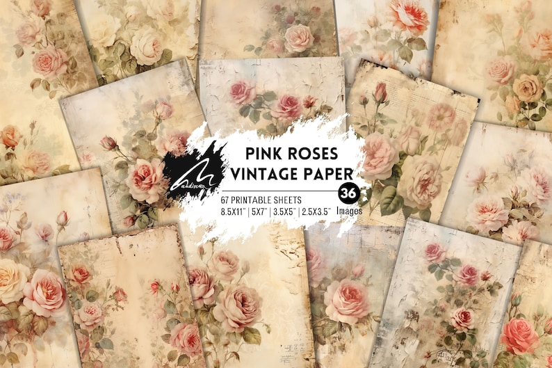 Romantic Rose Scrappy Papers, Junk Journal, Distressed Watercolor, Pink Pages, Vintage Shabby, Backing Craft, Printable, Digital Download image 1