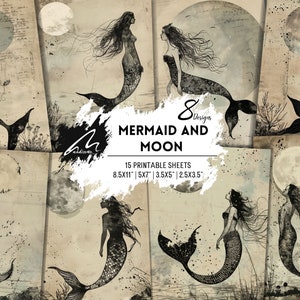 Moonlit Sirene: Monochrome Meerjungfrau Junk Journal Seiten, skizzenhaftes Ephemera Kit, Fantasy Kunstdruck für Scrapbooking, Kunsthandwerk und dekorative Kunst