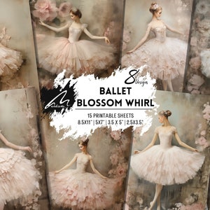 Kit de journal indésirable pour ballerines gracieuses, feuilles de collage de ballet floral vintage, éphémères, pages imprimables shabby chic, papiers de scrapbooking romantique