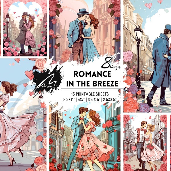 Romance in the Breeze, Victorian Romantic Lovers, 8 Unique Designs, Card Making Scrapbook, Junk Journal Kit, Digital Cards