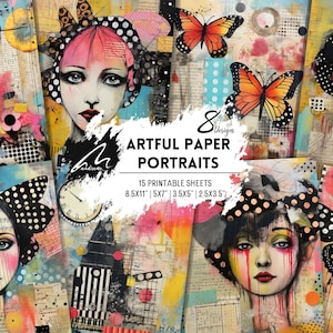 Tijdelijke Enigma Quirky Junk Journal-pagina's surrealistische tijd en portretkunstafdrukken, Mixed Media Digi Kit voor scrapbooking Collage Junk Journaling