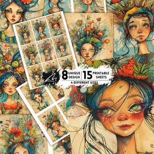 Jardin lunatique Muse Floral Fantasy Portrait Pages de scrapbooking numérique Kit de journal indésirable pour fille mignonne Techniques mixtes Art imprimable Collage éphémères