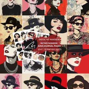 Retro Chic Pop Art Girl Portrait Scrapbook Page Bold Red Junk Journal Kit Fogli di collage stampabili Set di effimeri per lavori artigianali con tecniche miste digitali