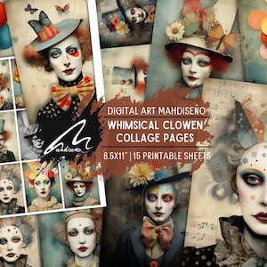 Harlequin Reverie: folhas de colagem de palhaço caprichoso, arte surreal, diário de lixo, material efêmero, conjunto para impressão de mídia mista para artesanato e scrapbooking