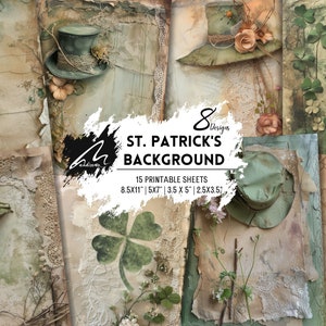 Kit effimero vintage per il giorno di San Patrizio, cappello irlandese, pagine di diario spazzatura, album di ritagli shabby chic, pagine grunge rovinate stampabili per lavori artigianali