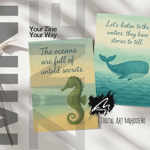 Zine Whale's Whispering Waves - Zine océanique pliable à faire soi-même, mini-livret imprimable inspiré de la mer pour un journal et des travaux manuels calmes, téléchargement numérique