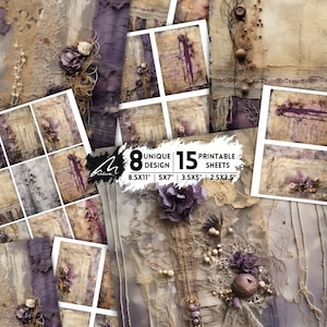 Carta artistica in tessuto floreale vintage, texture di pizzo antico, romantici ritagli di viola decaduti per scrapbooking, download di effimeri fiori invecchiati