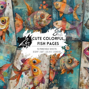 Pagine di album di ritagli digitali di pesci con tecniche miste Ocean Whimsy Kit di arte astratta di pesci Carta per diario di scarto Pagine di album di ritagli artistici vivaci