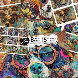 Ritratto di cane steampunk Pagine di album stravaganti Kit di artigianato di diario di spazzatura vibrante Fogli di arte digitale effimeri di tecniche miste astratte stampabili