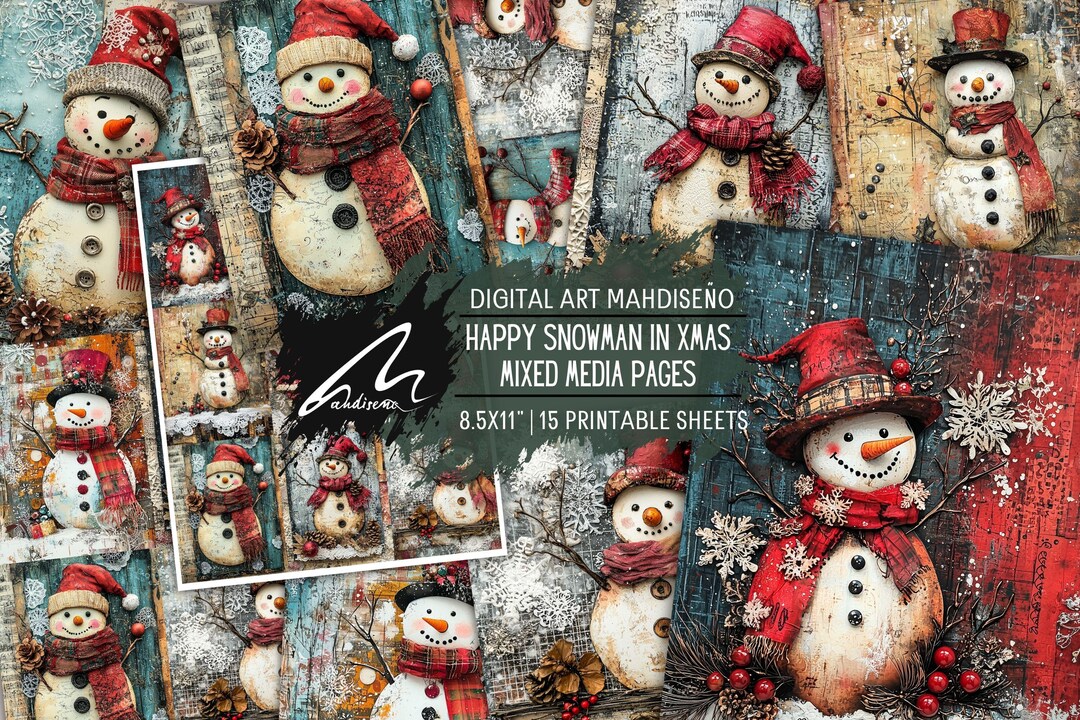 Whimsical Snowman Collage Kit: Vintage Christmas Junk Journal Pages ...