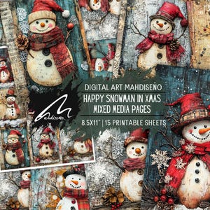 Quirky Snowman Collage Kit - Whimsical Winter Junk Journal Pages, Mixed Media Christmas Snowman Printable, Vintage Holiday Scrap Art