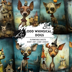 Eindringlich süße Gothic Collage Papiere, gruseliger Hund und launisches Haus Junk Journal Seiten, wunderliche Scrapbook Ephemera, Dark Craft Printable