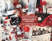 Whimsical Red Winter Scenes Printable Art Pages, Grunge Raven Digi Collage Papers, Modern Abstract Scrapbook Kit for Junk Journals & Crafts