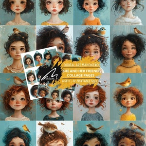 Canto de pájaros en sus rizos Retrato infantil caprichoso Kit de álbum de recortes inspirado en la naturaleza Páginas de diario basura imprimibles para niños lindas Efímeras de técnica mixta