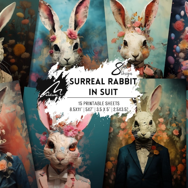 Vintage Surreal Rabbit in Suit | Whimsical Portrait Digital Art | Junk Journal Page PRINTABLE Sheet JPG Instant DOWNLOAD