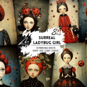 Arte stampabile Ladybug Whimsy Girl, pagine di album di ritratti surreali, effimeri di diario spazzatura, kit di artigianato digitale per progetti multimediali misti CU