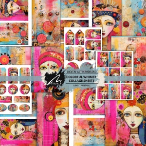 Carte digitali artistiche con ritratti stravaganti, pagine di scrapbooking con tecniche miste floreali vivaci, sfondi artistici boho colorati, stampe di diari spazzatura