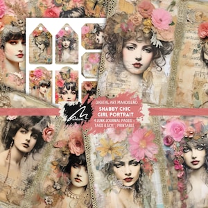 Pagine di diario Shabby Chic Floral Girls Junk, mezza pagina, pagina di album di ritagli in pizzo, vintage, pagina di diario con tecniche miste, floreale, shabby, stampa digitale