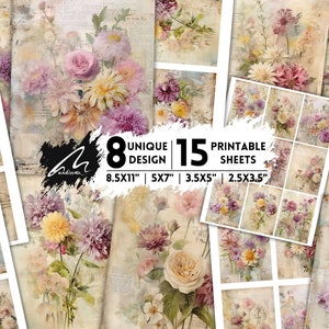 Hojas de arte imprimibles con motivos florales clásicos: ilustraciones de flores atemporales, papeles de collage digitales para álbumes de recortes, revistas basura y proyectos de bricolaje