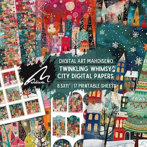 Whimsical Wonderland: vivaci carte artistiche digitali miste e bizzarre per scrapbooking, artigianato e decorazioni natalizie, design urban fantasy colorati