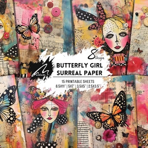 Kit artistique pour collage papillons colorés fantaisistes : pages de journal indésirables aux couleurs vives, fournitures de scrapbooking techniques mixtes, objets créatifs éphémères pour le bricolage