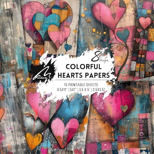 Boho Heart Whimsy: pagine digitali di arte astratta con cuore in tecnica mista per diario, scrapbooking, progetti di bricolage e kit di effimeri CU