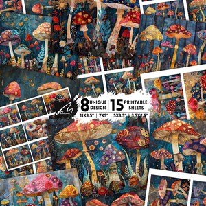 Champignons de la forêt enchantée : oeuvres d'art aux champignons colorés, illustrations de la nature fantaisistes à imprimer, albums éphémères, collage botanique