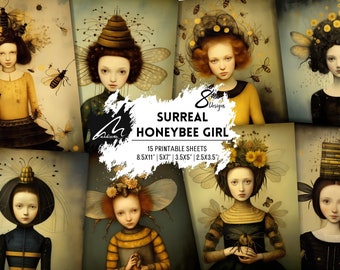 Collage de retrato de niña abeja, efímera inspirada en la naturaleza (kit de manualidades digitales)