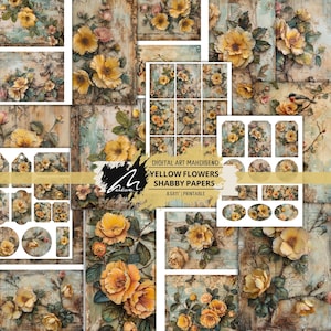 Papéis digitais de flor amarela, fundo floral vintage, kit de artesanato inspirado na natureza, scrapbooking chique e gasto, diário artístico para impressão