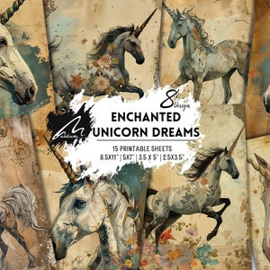 Sogni di unicorno stravaganti, kit di diario Shabby Junk, fogli di collage floreali rovinati, stampe di cavalli vintage, scrapbooking con tecniche miste, CU
