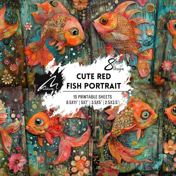 Cute Red Fish Portrait | Whimsical Mixed Media Digital Art | Junk Journal PRINTABLE Cards Digital DOWNLOAD