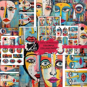 Carta digitale con volto espressionista astratto, kit di effimeri pop art, foglio di scrapbooking artistico colorato e audace, sfondo per diario con tecniche miste