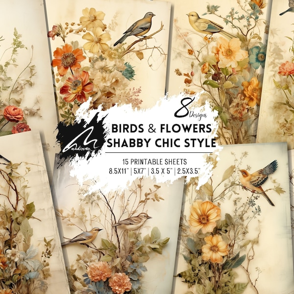 Birds and Flowers Botanical Papers | Distressed Shabby Chic Digital Art | PRINTABLE Junk Journal DOWNLOADBLE Stamperia