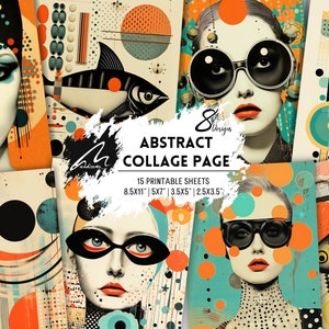 Páginas de arte digital para álbumes de recortes con collage pop retro: peces divertidos y diseños de moda atrevidos para revistas basura, técnicas mixtas y manualidades creativas