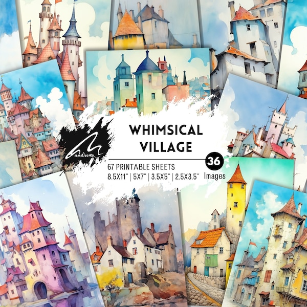 Quirky Village, PRINTABLE Digital Art, Collage Sheet, JPG Pages, Instant Download, Junk Journal, whimsical Scrapbook, Colorful Village