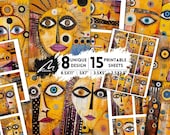 Quirky Yellow Surrealist Faces Digital Papers, Playful Mixed Media Kit Vibrant Artistic Scrapbooking Pages, Eclectic Junk Journal Printables