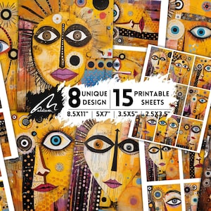 Surrealistische Gelbe Gesichter, Digitale Papiere, Verspielte Mixed Media Kit Lebendige Künstlerische Scrapbooking Seiten, Eklektische Junk Journal Printables