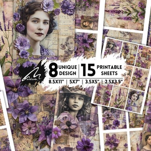 Collezione Vintage Botanical Ephemera: fogli stampabili con fiori e farfalle viola per scrapbooking, junk journaling e collage artistici