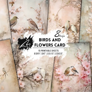 Blossom Serenade: delicado kit de álbum de recortes digital con flores de cerezo y pájaros para diarios basura, manualidades y proyectos de arte con técnica mixta. Impresiones CU
