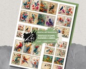 Wildflower Postage Stamps, Birds Stamps, Printable Botanical Stamps, Junk Journal Embellishments, Scrapbooking Ephemera, Journal Printable
