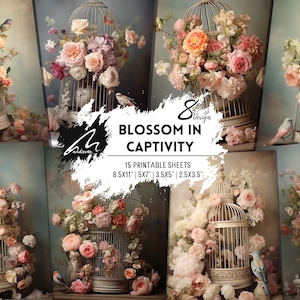 Enchanted Blossom Retreat: vintage vogelkooi- en bloemsierkunstprint voor Junk Journal Kit Collage Papers Ephemera-pagina's, ideaal voor scrapbooking