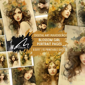 Ritratto di ragazza in fiore, kit di diario spazzatura shabby chic, pagine di collage floreali, effimeri di album di ritagli digitali, foglio di arte ATC stampabile, scaricabile