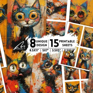 Carte digitali con gatti stravaganti, pagine di scrapbooking con animali vivaci, fogli di collage con gatti funky, effimeri diari artistici e artigianato