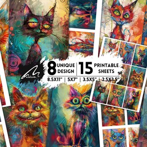 Enigmatica visione felina: stampa artistica di un gatto surreale per l'artigianato, download digitale per scrapbooking, diari spazzatura e arte multimediale piena di stravaganza
