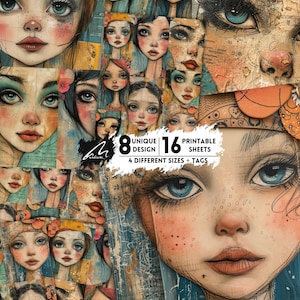 Rêveur bohème technique mixte Portrait Pages de scrapbooking Kit de journal indésirable lunatique collage éphémère numérique feuilles de création artistique