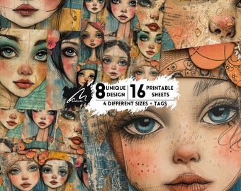 May include: A collage of 8 unique digital art designs featuring whimsical portraits of girls with large eyes and colorful backgrounds. The designs are available in 16 printable sheets in 4 different sizes with tags.